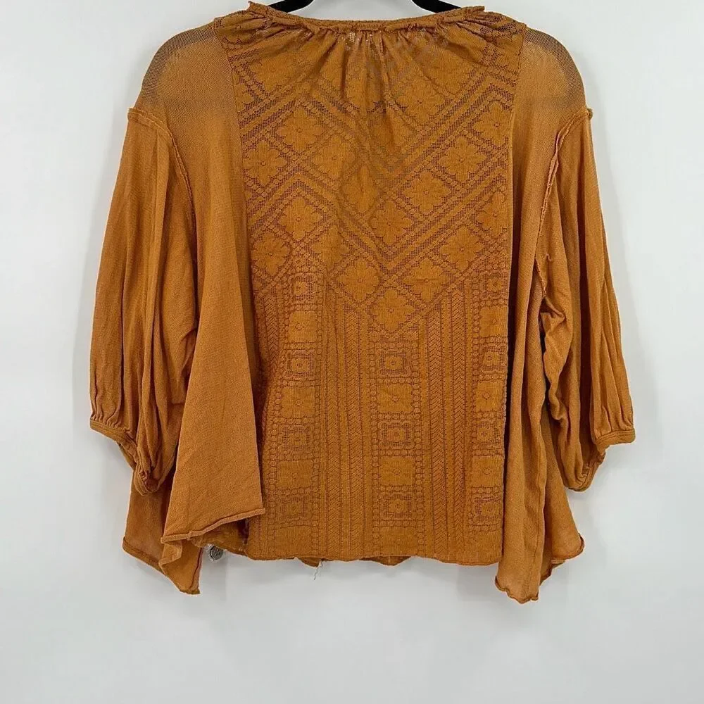 Free People Womens Rust Orange Button-Up Lace Trim Mae Top Size Medium
